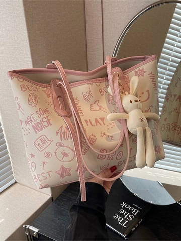 Borsa Tote Graffiti da Donna di Grande Capacità Borsa a Tracolla in Pelle PU Con Ciondolo a Coniglio Borsa alla Moda Street Style per Pendolari