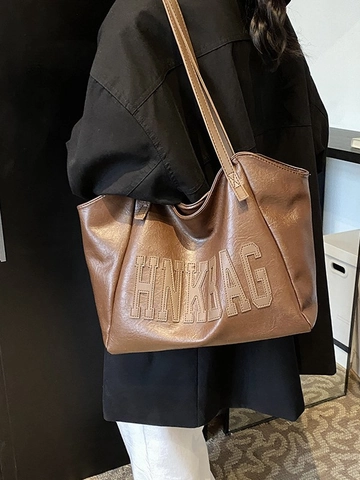 Large Capacity Women PU Leather Tote Bag Fashion Letter Print Shoulder Handbag Versatile Casual Everyday Shopping Bag