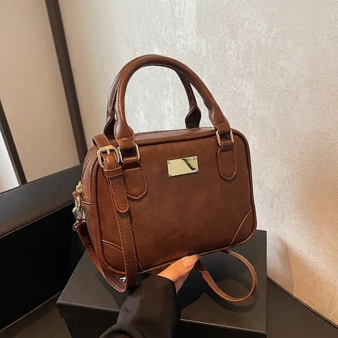 Damen Retro PU Leder Umhängetasche Vintage Kleine Quadratische Boston Handtasche Mit Goldener Metallplatte Verstellbarer Schultergurt