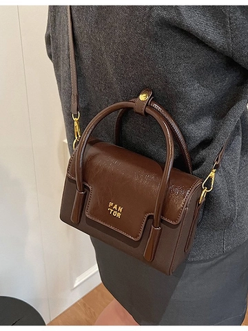Retro PU Leather Small Square Bag Top Handle Golden Hardware Adjustable Strap Crossbody Handbag For Women Daily Casual