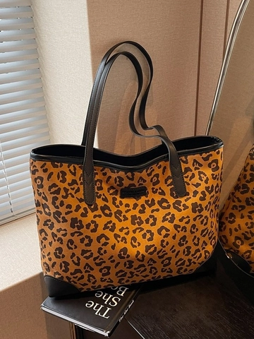 Große Kapazität Wildleder Tragetasche Leopardenmuster Retro Damen Umhängetasche Kunstlederbesatz Lässige Pendler Handtasche