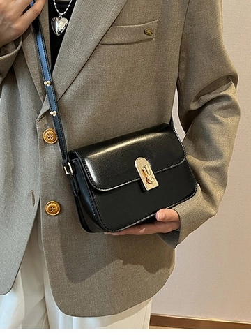 Damen Vintage PU Leder Umhängetasche Kleine Quadratische Schultertasche Gold Metallschloss Verstellbarer Gurt Mode Messenger Bag