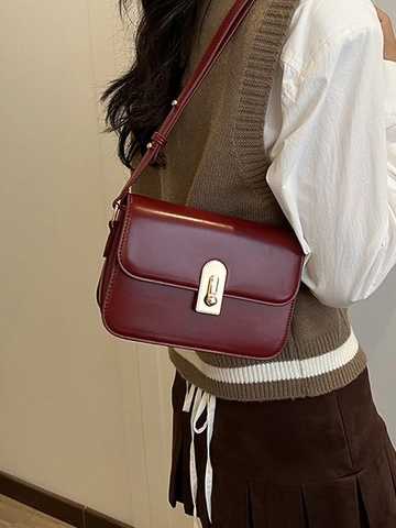 Damen Vintage PU Leder Umhängetasche Kleine Quadratische Schultertasche Gold Metallschloss Verstellbarer Gurt Mode Messenger Bag