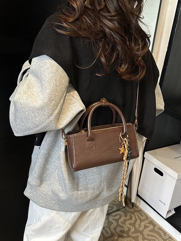 Women PU Leather Small Square Crossbody Bag Vintage Solid Color Handbag With Star Charm And Braided Rope Fashionable Shoulder Bag