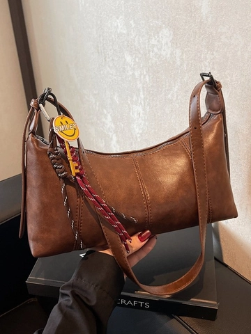 Women Vintage PU Leather Underarm Shoulder Bag With Smiley Charm Retro Maillard Style Commuter Crossbody Handbag For Daily Use