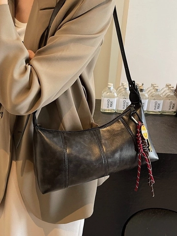 Women Vintage PU Leather Underarm Shoulder Bag With Smiley Charm Retro Maillard Style Commuter Crossbody Handbag For Daily Use