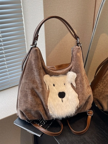 Sac Fourre-tout en Velours Côtelé pour Femmes Avec Patch Chien en Peluche Grande Capacité Sac à Bandoulière Sac à Dos Design Animal