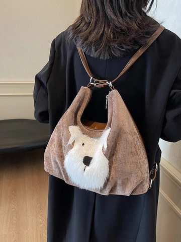 Sac Fourre-tout en Velours Côtelé pour Femmes Avec Patch Chien en Peluche Grande Capacité Sac à Bandoulière Sac à Dos Design Animal