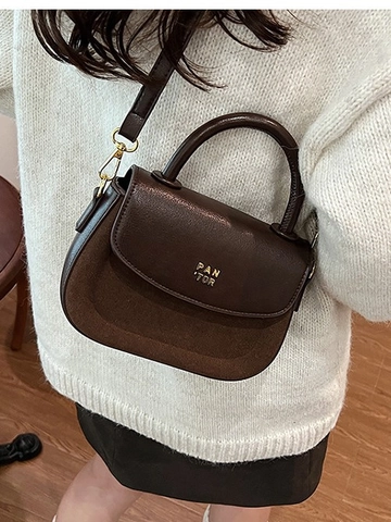 Borsa a Tracolla da Donna in Pelle PU con Splicing Retro in Camoscio Borsa a Sella con Hardware Dorato Elegante Pendolare