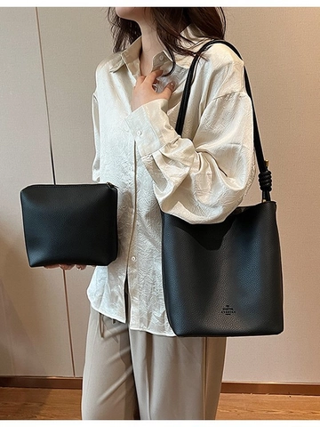 Borsa a Secchiello in Pelle PU Grande Capacità Vintage da Donna Borsa a Spalla Minimalista Trama Litchi Con Nodo E Piccola Pochette