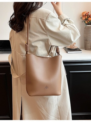 Borsa a Secchiello in Pelle PU Grande Capacità Vintage da Donna Borsa a Spalla Minimalista Trama Litchi Con Nodo E Piccola Pochette