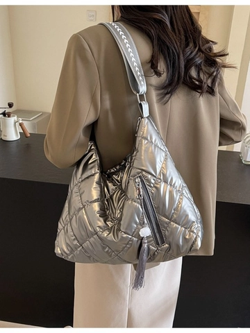 Women Large Capacity Quilted Shoulder Bag Metallic Gloss Puffer Tote Crossbody With Wide Geometric Strap Tassel Decor