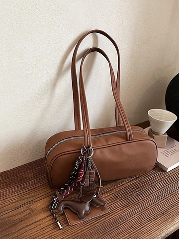 Women's Retro PU Leather Bowling Shoulder Bag Large Capacity Underarm Bag With Sausage Dog Chocolate Charms Fashion Commuter Handbag
