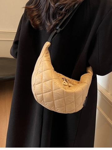 Borsa a Tracolla Trapuntata in Nylon da Donna Grande Capacità Borsa a Raviolo Mezza Luna Moda Motivo a Rombi Tracolla Regolabile