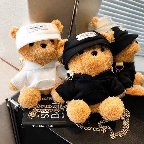 Cute Teddy Bear Shaped Plush Crossbody Bag For Women Small Cartoon Doll Bag With Metal Chain Autumn Winter Shoulder Bag Accessory