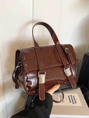 Vintage Glänzendes PU Leder Messenger Bag Damen Doppelschnalle Satchel Umhängetasche Mit Griff Große Kapazität Handtasche