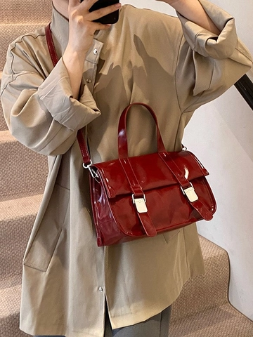 Vintage Glänzendes PU Leder Messenger Bag Damen Doppelschnalle Satchel Umhängetasche Mit Griff Große Kapazität Handtasche