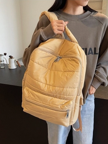 Women's Fashion Quilted Padded Backpack Lightweight Large Capacity Casual Nylon Travel School Daypack Solid Color Bag