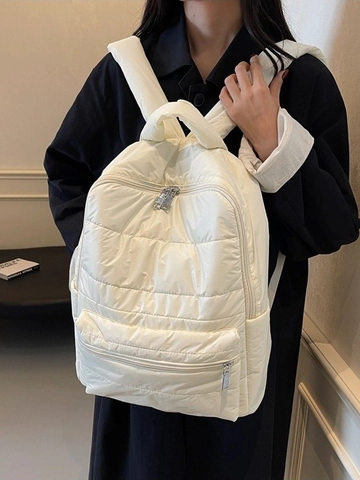 Women's Fashion Quilted Padded Backpack Lightweight Large Capacity Casual Nylon Travel School Daypack Solid Color Bag