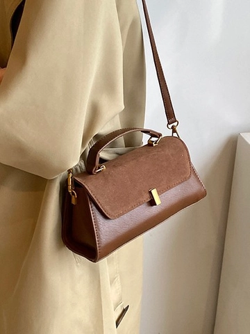 Vintage Women Splicing PU Leather Small Square Crossbody Bag Retro Handbag With Gold Metal Lock Buckle Suede Texture Shoulder Bag