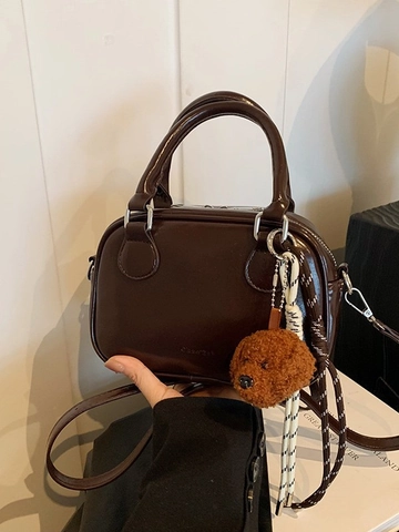 Women Retro Glossy PU Leather Small Square Crossbody Bag Fashion Boston Handbag With Plush Dog Charm Adjustable Strap