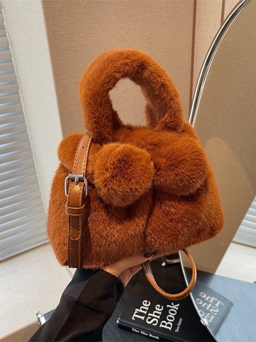 Damen Beuteltasche Aus Kunstpelz Plüsch Umhängetasche Mit Schleife Verstellbarer PU Lederriemen Weich Mode Herbst Winter Accessoire