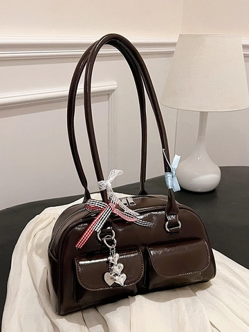 Vintage Glänzende PU Leder Achseltasche Schultertasche Für Damen Mode Boston Bag Mit Doppelten Fronttaschen Und Herzanhänger Dekor