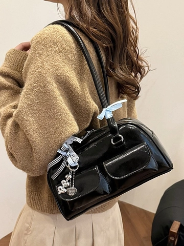 Vintage Glänzende PU Leder Achseltasche Schultertasche Für Damen Mode Boston Bag Mit Doppelten Fronttaschen Und Herzanhänger Dekor