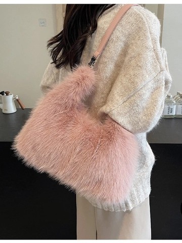 Mode Damen Kunstpelz Plüsch Schultertasche Weich Herbst Winter Hobo Tasche Mit Verstellbarem Lederriemen Einfarbige Handtasche