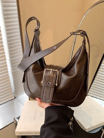 Damen Vintage PU Leder Hobo Tasche Achseltasche Umhängetasche Mit Metallschnalle Verstellbarem Gurt Halbmond Tasche