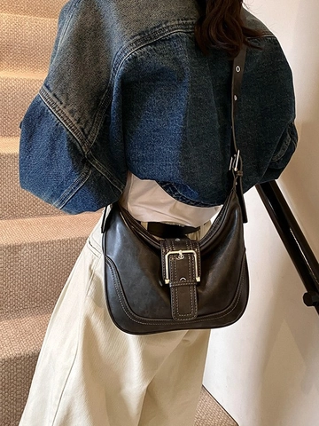 Damen Vintage PU Leder Hobo Tasche Achseltasche Umhängetasche Mit Metallschnalle Verstellbarem Gurt Halbmond Tasche