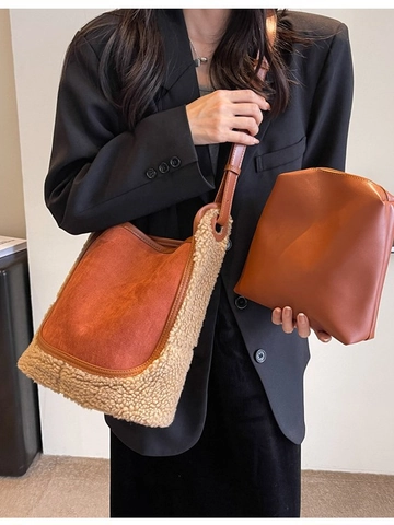 Borsa a Secchiello Patchwork in Pile e Scamosciata da Donna Grande Capacità Vintage Colore a Contrasto Borsa a Tracolla Invernale
