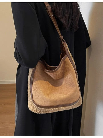 Borsa a Secchiello Patchwork in Pile e Scamosciata da Donna Grande Capacità Vintage Colore a Contrasto Borsa a Tracolla Invernale
