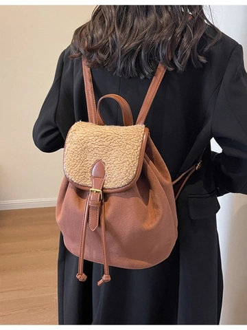 Women Retro Casual Backpack Faux Suede Faux Sherpa Patchwork Large Capacity Autumn Winter Drawstring Buckle Travel Bag