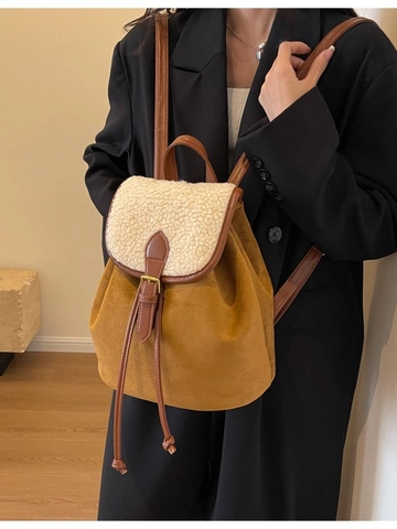 Women Retro Casual Backpack Faux Suede Faux Sherpa Patchwork Large Capacity Autumn Winter Drawstring Buckle Travel Bag