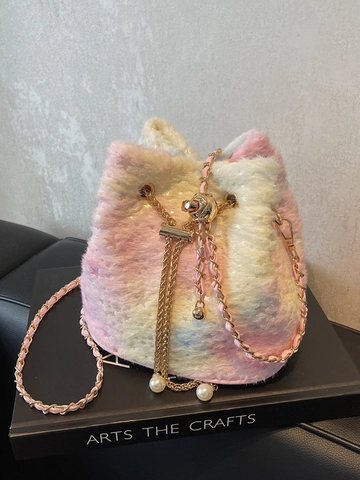 Women's Plush Gradient Bucket Bag With Chain Shoulder Strap Star Sequins Drawstring Closure Pearl Pendant Crossbody Bag