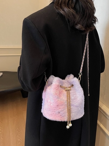 Women's Plush Gradient Bucket Bag With Chain Shoulder Strap Star Sequins Drawstring Closure Pearl Pendant Crossbody Bag