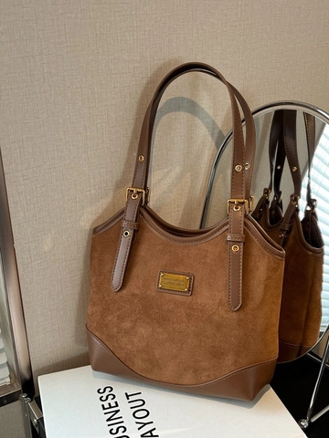 Vintage Damen Wildleder PU Leder Gespleißt Schultertasche Große Kapazität Unterarm Shopper Tasche Mit Metallplatte Dekor Verstellbarer Doppelgurt Handtasche