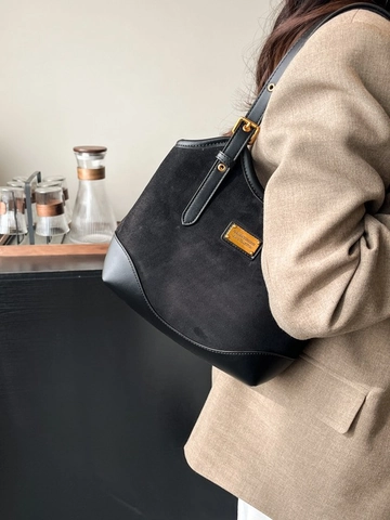 Vintage Damen Wildleder PU Leder Gespleißt Schultertasche Große Kapazität Unterarm Shopper Tasche Mit Metallplatte Dekor Verstellbarer Doppelgurt Handtasche