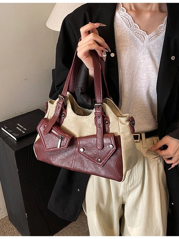 Damen Retro Spleißen Tote Bag Große Kapazität PU Leder Umhängetasche Mit Nieten Multi Taschen Funktionale Umhängetasche