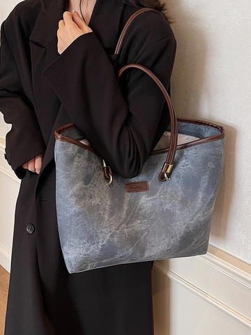 Borsa Tote Donna Grande Capacità Motivo Marmorizzato Pelle PU Giuntura Borsa a Spalla Casual Pendolare Chiusura Lampo