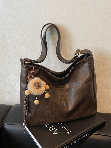 Vintage Große Kapazität PU Leder Tote Bag Für Damen Retro Pendeln Schulter Hobo Tasche Mit Plüsch Tier Anhänger