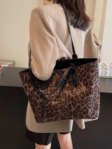 Sac Fourre-Tout Pour Femmes Imprimé Léopard Grande Capacité Sac À Main En Cuir PU Style Coréen Décontracté Rétro Pour Le Quotidien