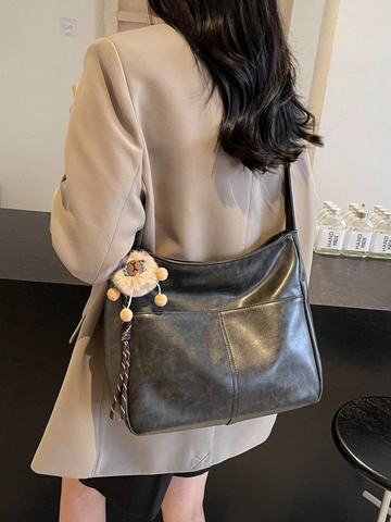 Vintage Große Kapazität PU Leder Tote Bag Für Damen Retro Pendeln Schulter Hobo Tasche Mit Plüsch Tier Anhänger