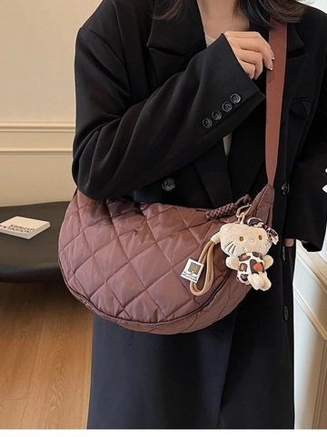 Fashion Women Quilted Rhombic Crossbody Bag Fashionable Crescent Dumpling Bag Large Capacity Niche Shoulder Bag