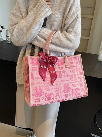 Damen Chinesische Hochzeit Tragetasche Große Kapazität Segeltuch Schultertasche Mit Doppelglück Muster Schleife Für Brautgeschenk