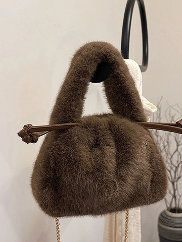 Bolso Cubo de Piel Sintética para Mujer Peluche Bandolera Cadena Cordón Bolso de Mano Otoño Invierno Moda Color Sólido