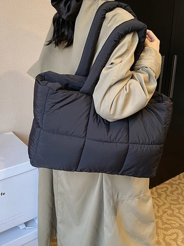 Women Casual Puffer Tote Bag Large Capacity Quilted Nylon Shoulder Bag Lightweight Padded Handbag Fashion Autumn Winter Commuting Travel Bag
