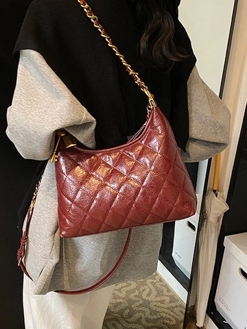 Fashion Rhombic Quilted PU Leather Hobo Bag Gold Chain Crossbody Bag With Lock Pendant Niche Shoulder Bag For Women
