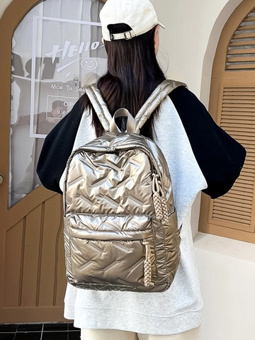 Women Fashion Puffer Backpack Metallic Quilted Nylon Travel Bag Large Capacity Student Schoolbag Casual Daypack Wear Resistant